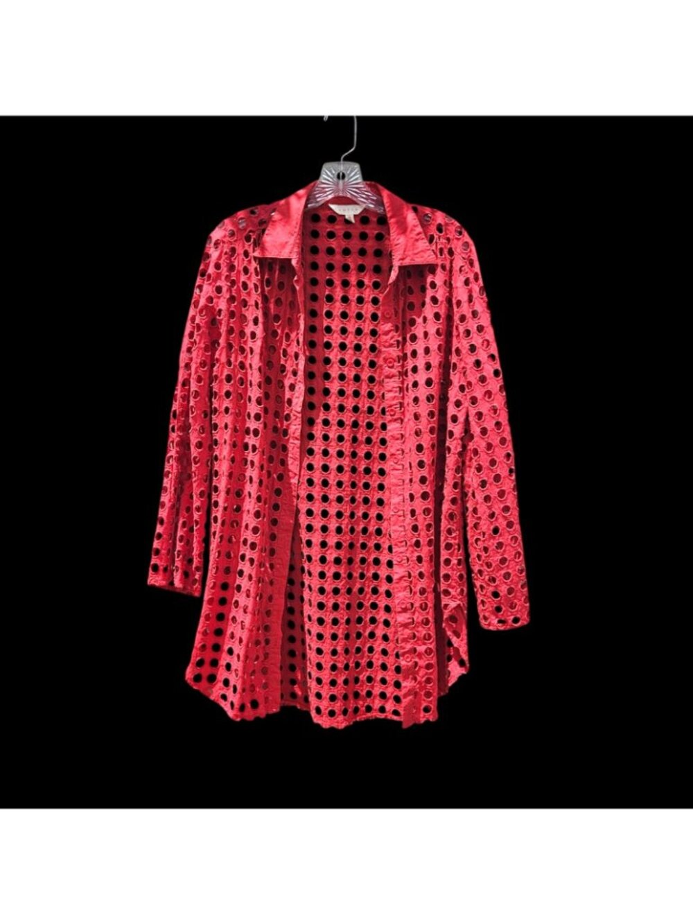 Adiva Red Eyelet Cutout Tunic Shirt Beach Coverup Roll Sleeve Size L - Picture 4 of 12